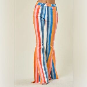 Boutique Rainbow Striped Multicolor Bell Bottom Women Jeans, Small